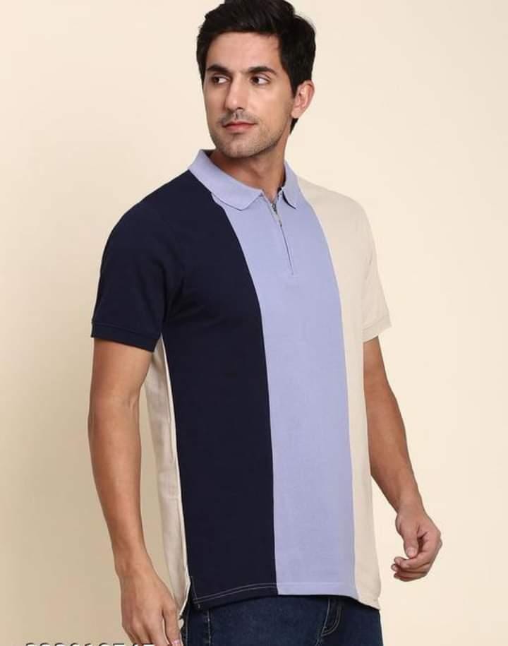 Men's Color Block Polo Neck Navy Blue T-Shirt