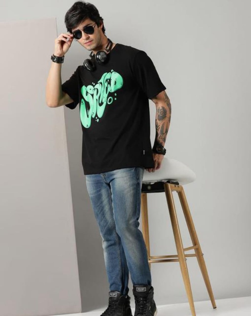 Black Sorted Print Men Oversized Tshirt