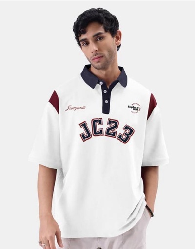 Typography Printed Polo Collar Oversized T-shirt
